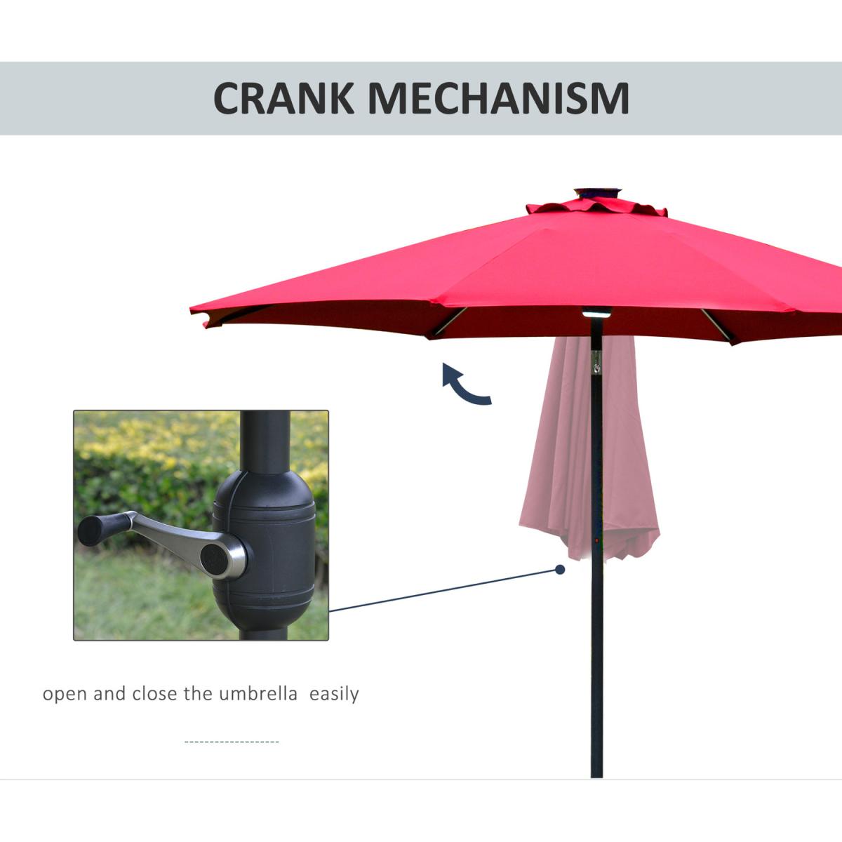 2.7m Garden Parasol Sun Umbrella with LED Solar Light - Red – image 4