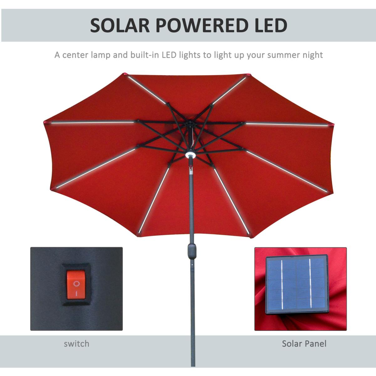 2.7m Garden Parasol Sun Umbrella with LED Solar Light - Red – image 5