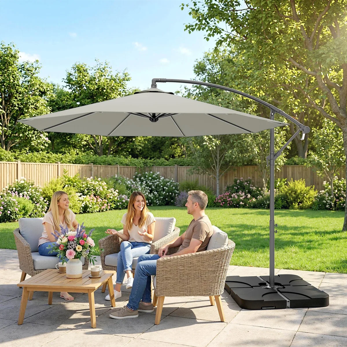 Outsunny 3(m) Banana Parasol Cantilever Umbrella Garden w/ Base Weights - Sand brown – image 16