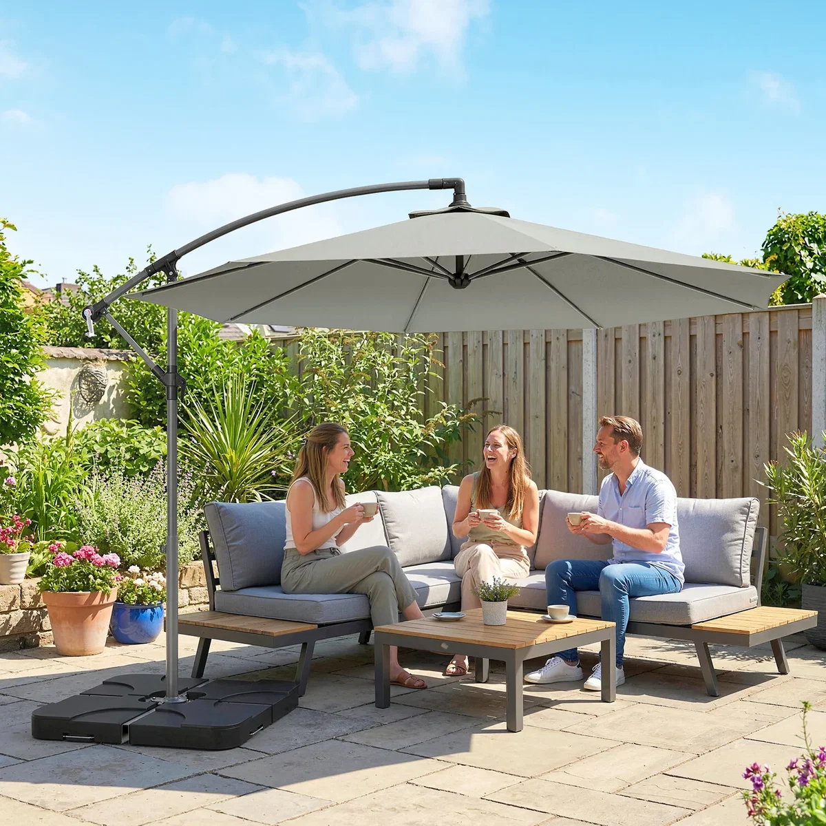 Outsunny 3(m) Banana Parasol Cantilever Umbrella Garden w/ Base Weights - Sand brown – image 10