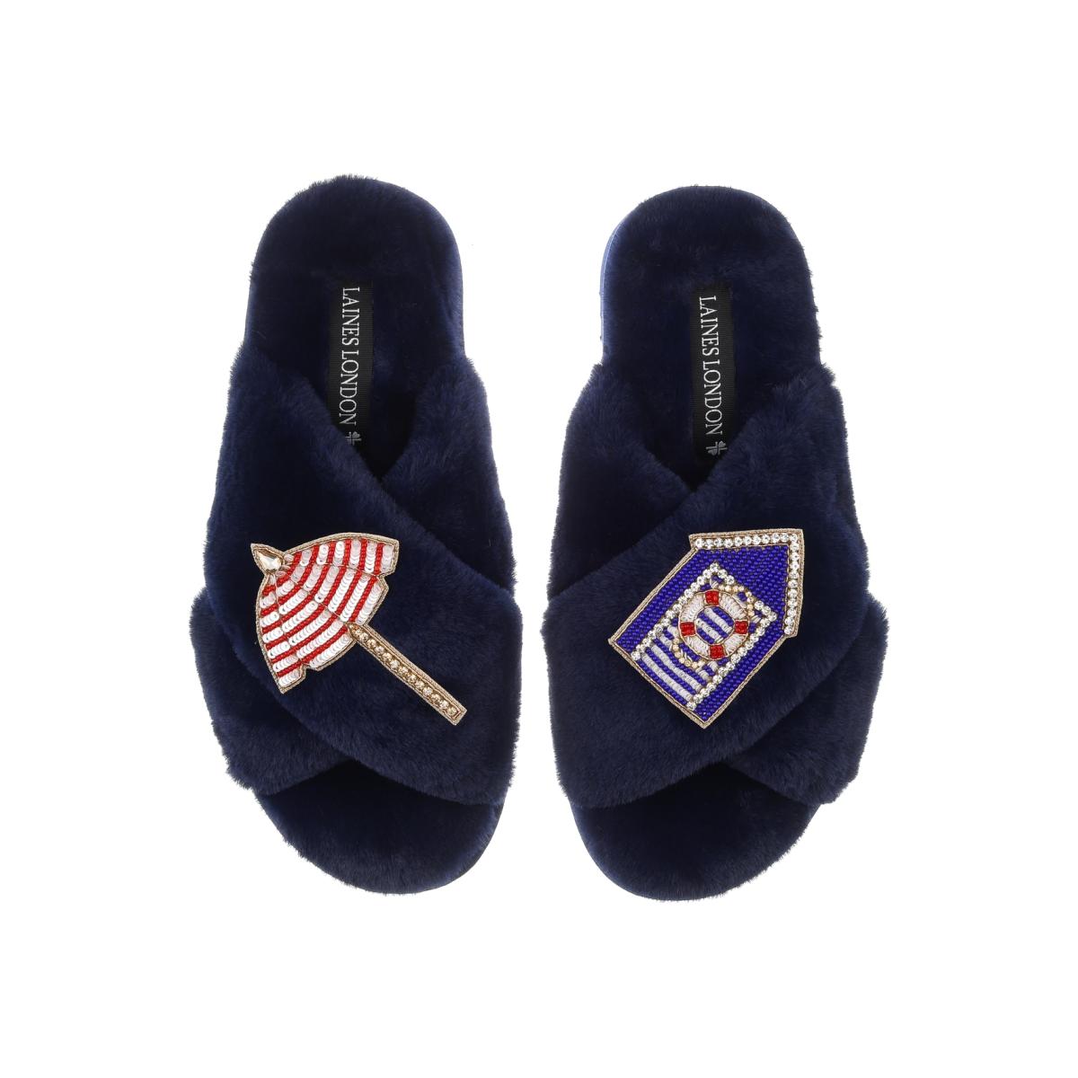 Women's Blue Classic Laines Slippers With Beach Hut & Parasol Brooches - Navy Extra Large Laines London
