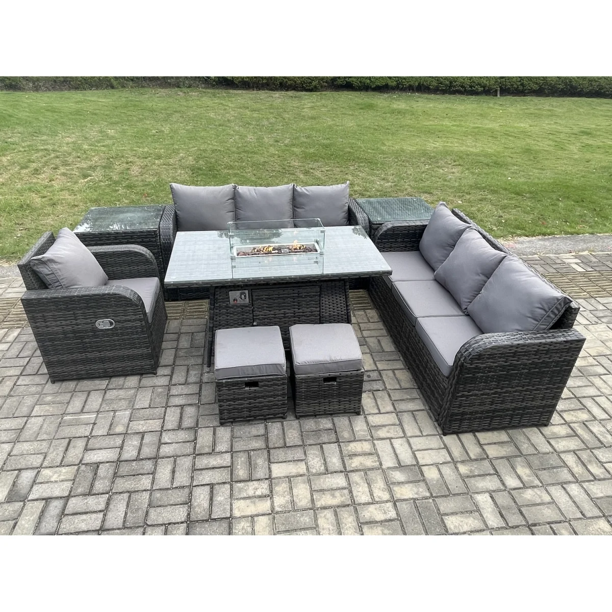 Fimous 9-Seater Rattan Garden Set with Gas Fire Pit Table and Reclining Chairs - Dark Grey – image 2