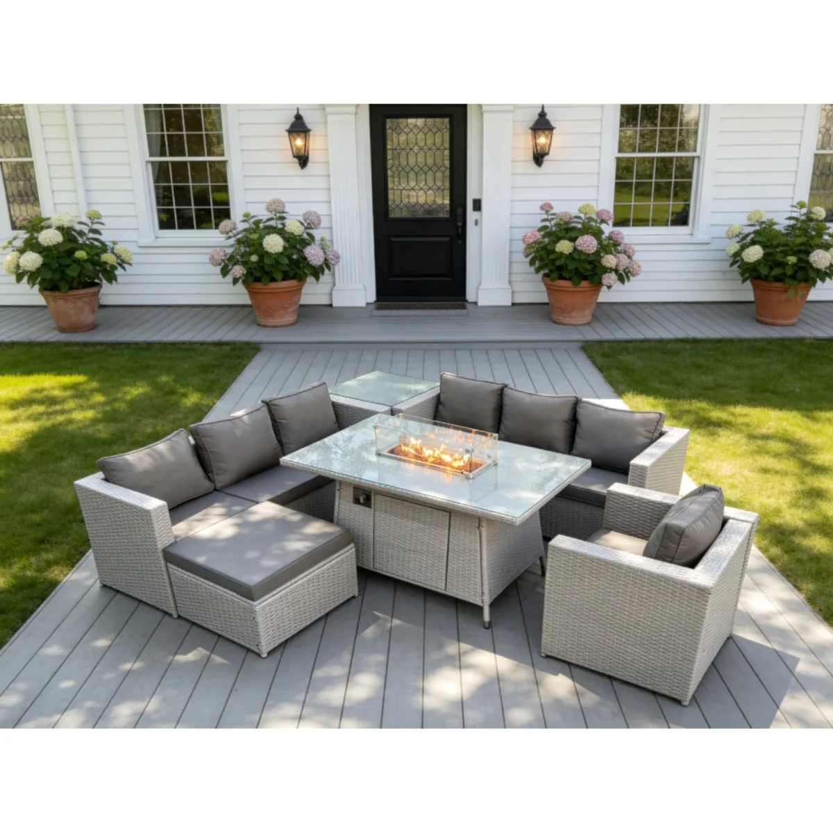 Rattan Gas Fire Pit Sofa Dining Set Side Table Stool - Light Grey Mixed – image 2