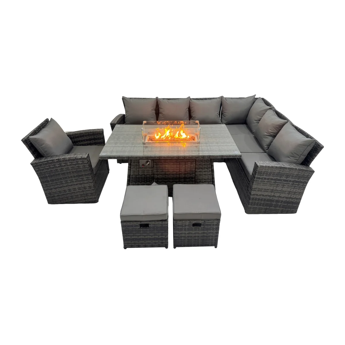 Fimous High-Back Rattan Gas Fire Pit Dining Table - Dark Grey Mixed