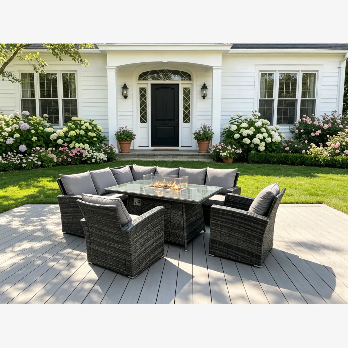 Fimous 8-Seater Rattan Gas Fire Pit Corner Sofa Dining Set with Chairs - Dark Grey Mixed