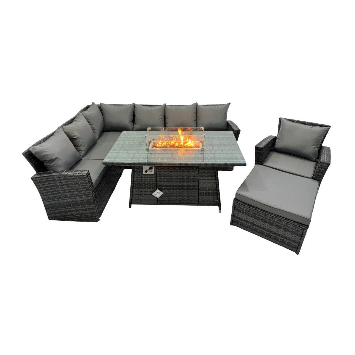 Fimous 8-Seater Rattan Gas Fire Pit Sofa Dining Set - Dark Grey Mixed