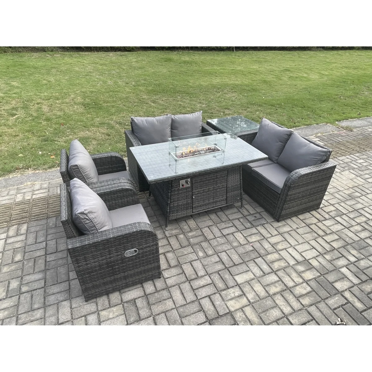Fimous 6-Seater Rattan Garden Furniture Set with Propane Gas Fire Pit Table and Reclining Chairs. - Dark Grey – image 2