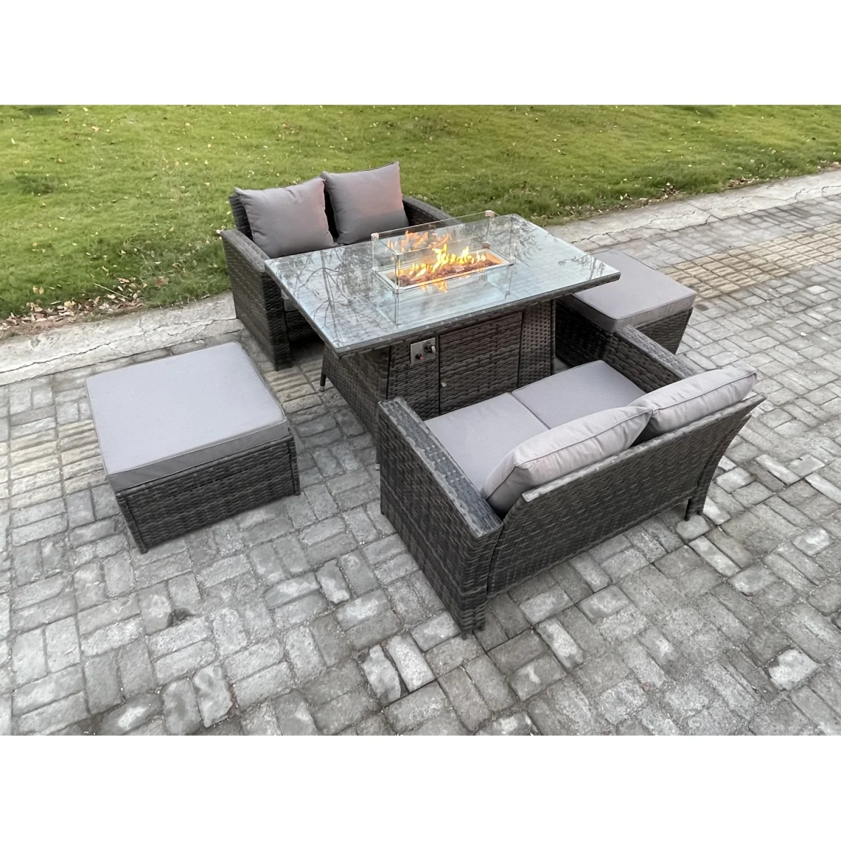 Fimous 5-Piece Poly Rattan Patio Set with Gas Firepit Dining Table and 2 Footstools. - Dark grey mixed rattan with dark grey fabric – image 3