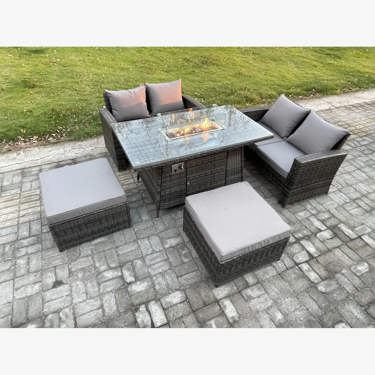 Fimous 5-Piece Poly Rattan Patio Set with Gas Firepit Dining Table and 2 Footstools. - Dark grey mixed rattan with dark grey fabric – image 1