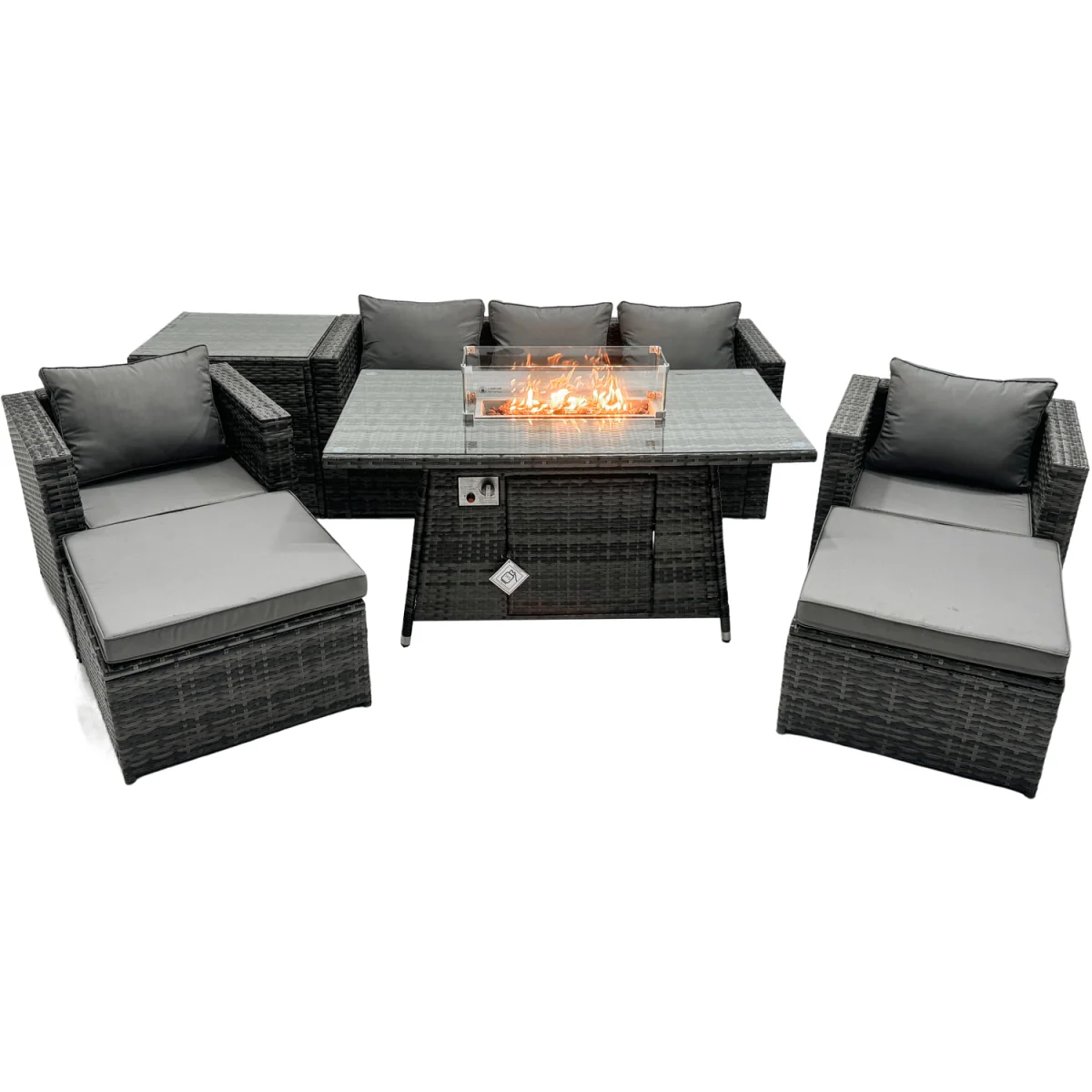 Fimous Rattan Garden Furniture 7-Seater Firepit Dining Set with Side Table and 2 Footstools. - Dark grey mixed rattan with dark grey fabric – image 3