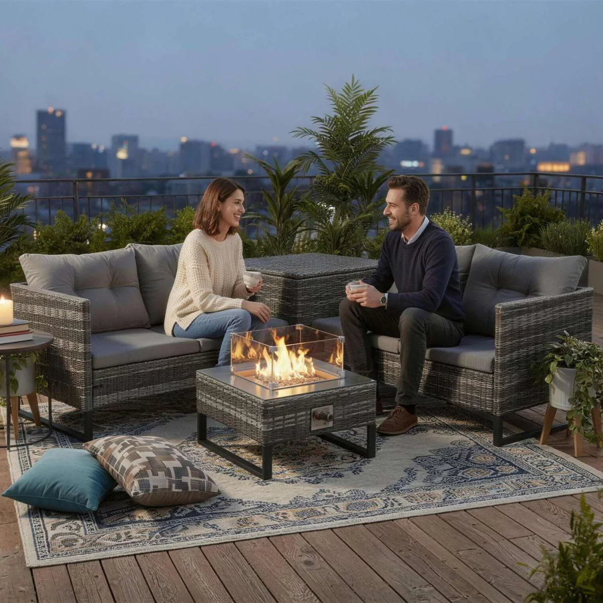 BIRCHTREE Rattan Furniture Set 4-Seater with Fire Pit Table Side Storage RFS11 - Grey