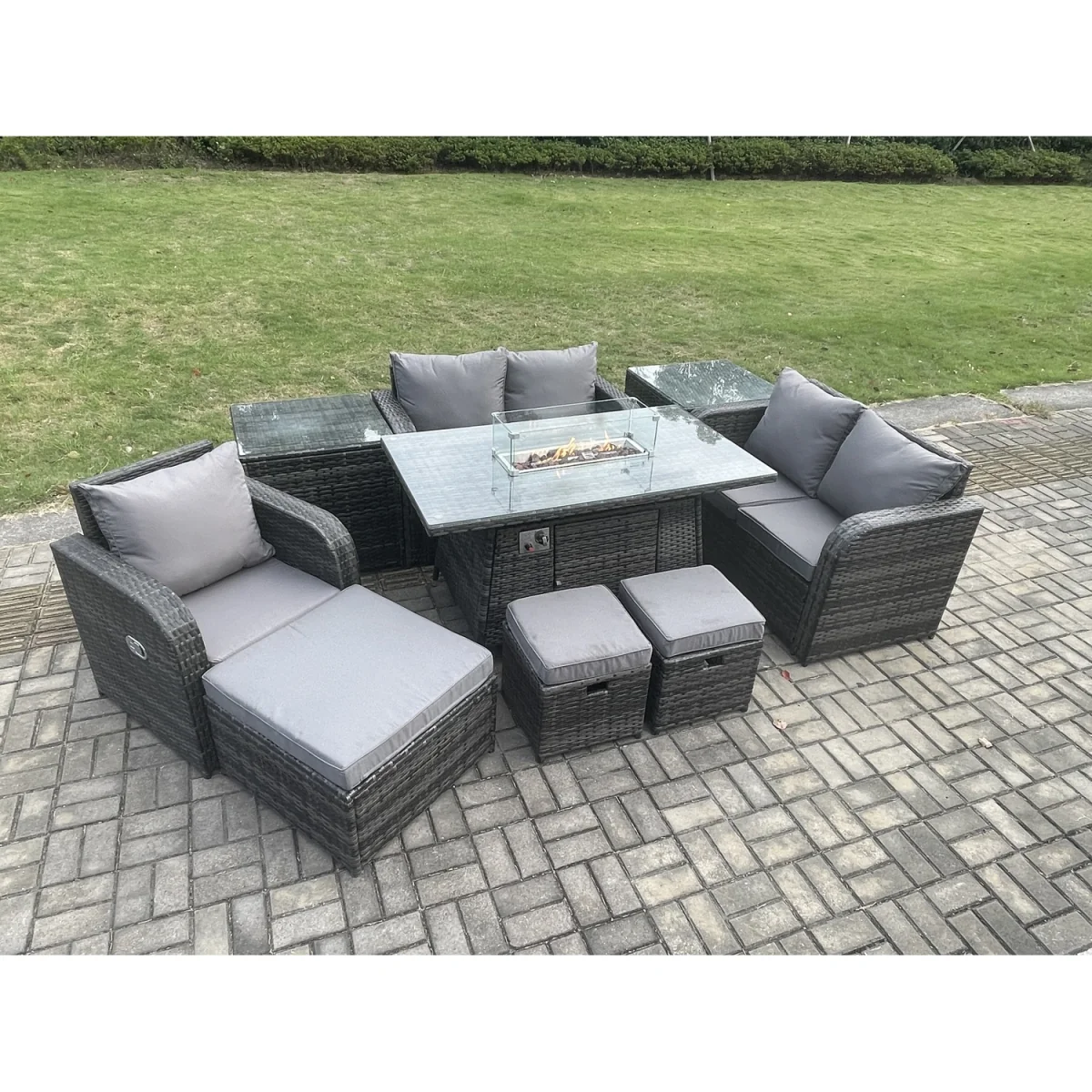 Fimous Outdoor Rattan Garden Set with Gas Fire Pit and Reclining Chair - Dark Grey Mixed - Dark Grey – image 2