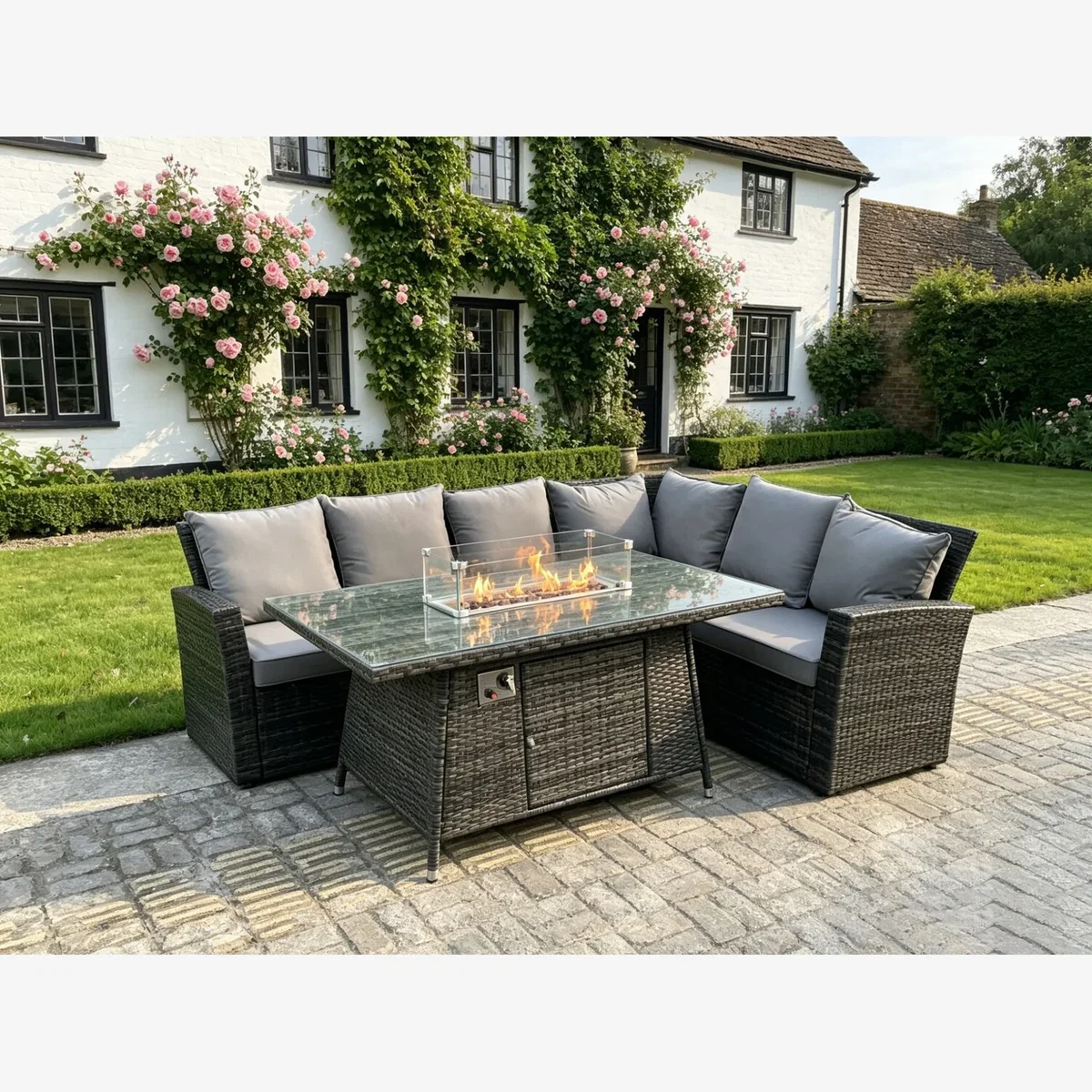 Fimous 6-Seater Rattan Gas Fire Pit Corner Sofa Dining Set - Dark Grey Mixed