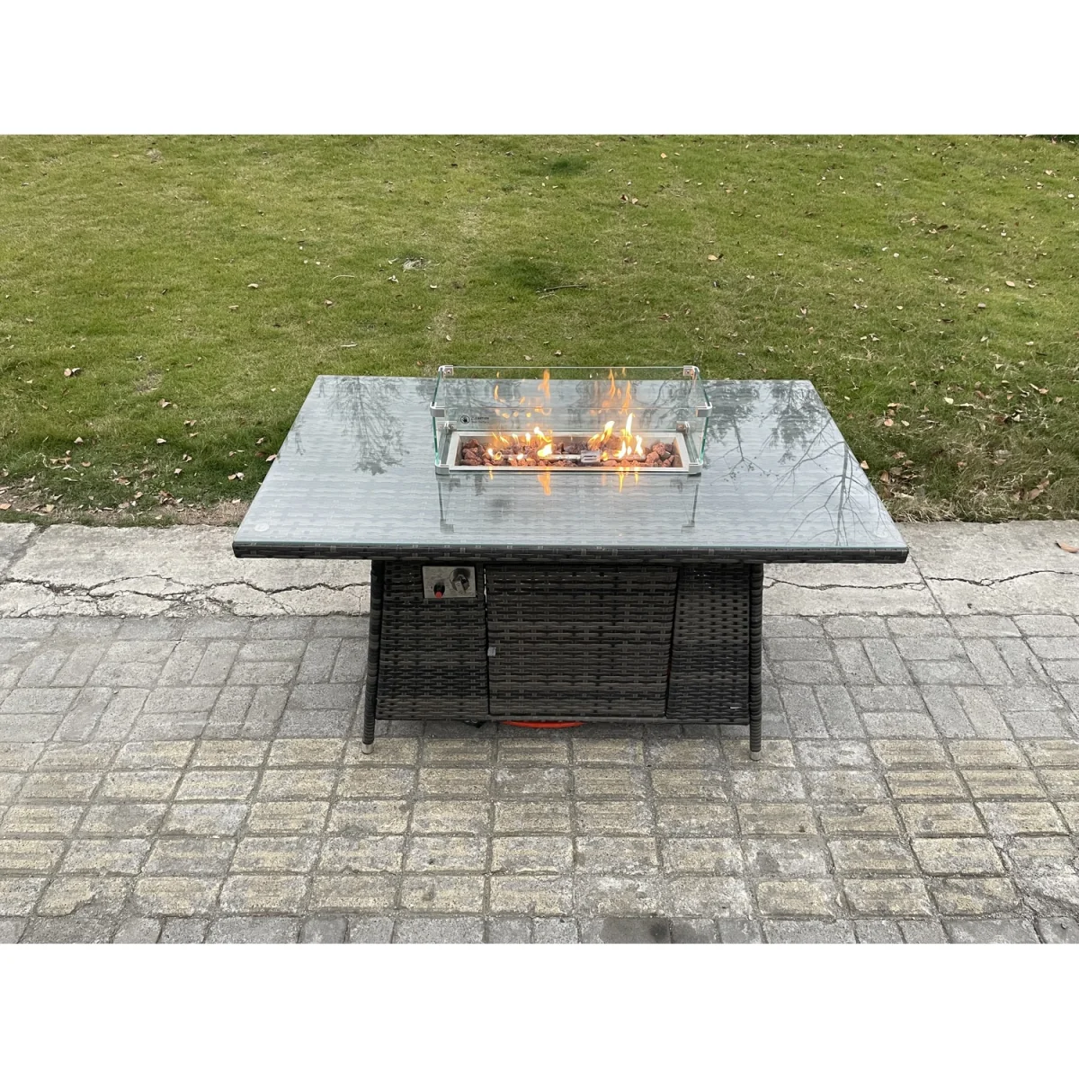 Fimous 6-Seater Rattan Garden Furniture with Gas Fire Pit Table Dark Grey Mixed - Dark grey mixed rattan with dark grey fabric – image 4