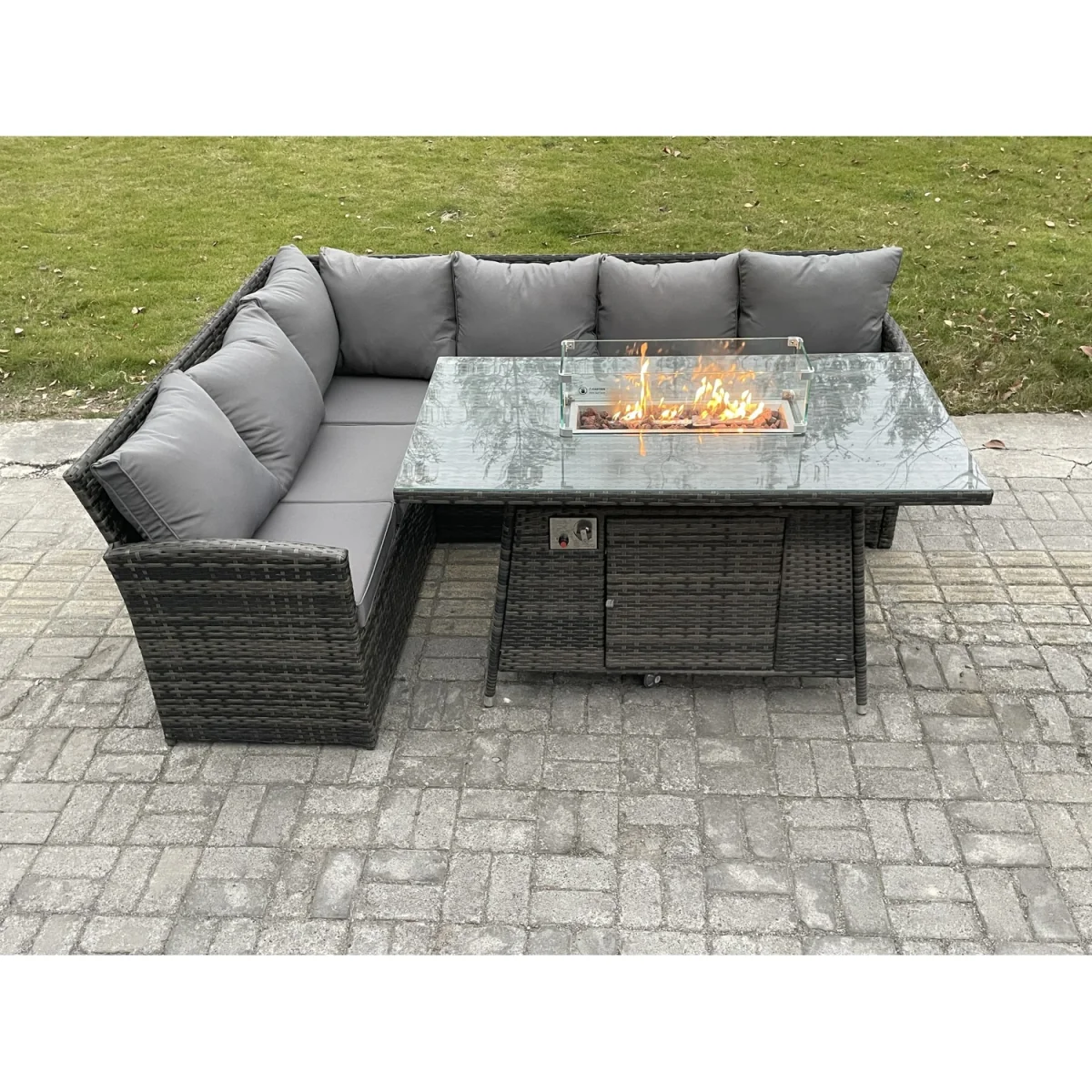Fimous 6-Seater Rattan Garden Furniture with Gas Fire Pit Table Dark Grey Mixed - Dark grey mixed rattan with dark grey fabric – image 5