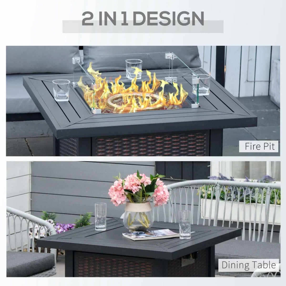Tafiyo Rattan Effect Black and Brown Square Propane Gas Fire Pit Table – image 6