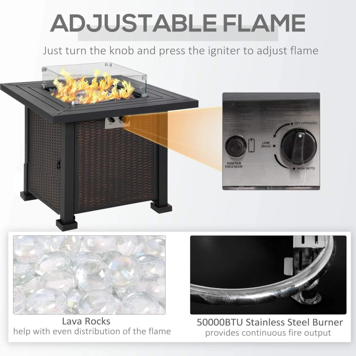 Tafiyo Rattan Effect Black and Brown Square Propane Gas Fire Pit Table – image 8