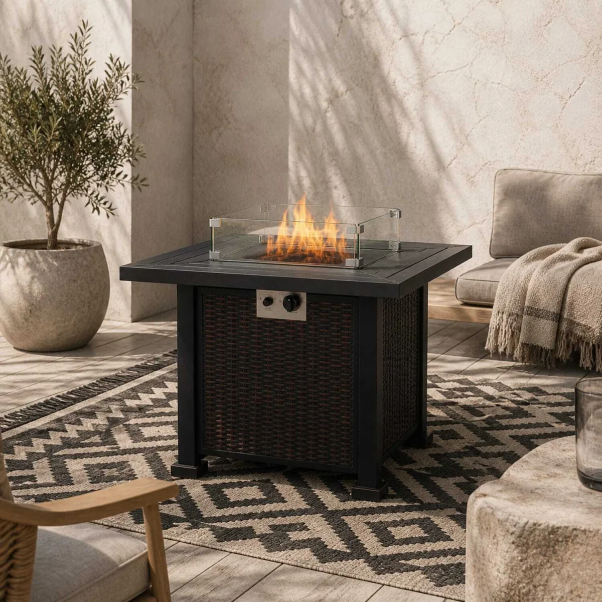Tafiyo Rattan Effect Black and Brown Square Propane Gas Fire Pit Table – image 1
