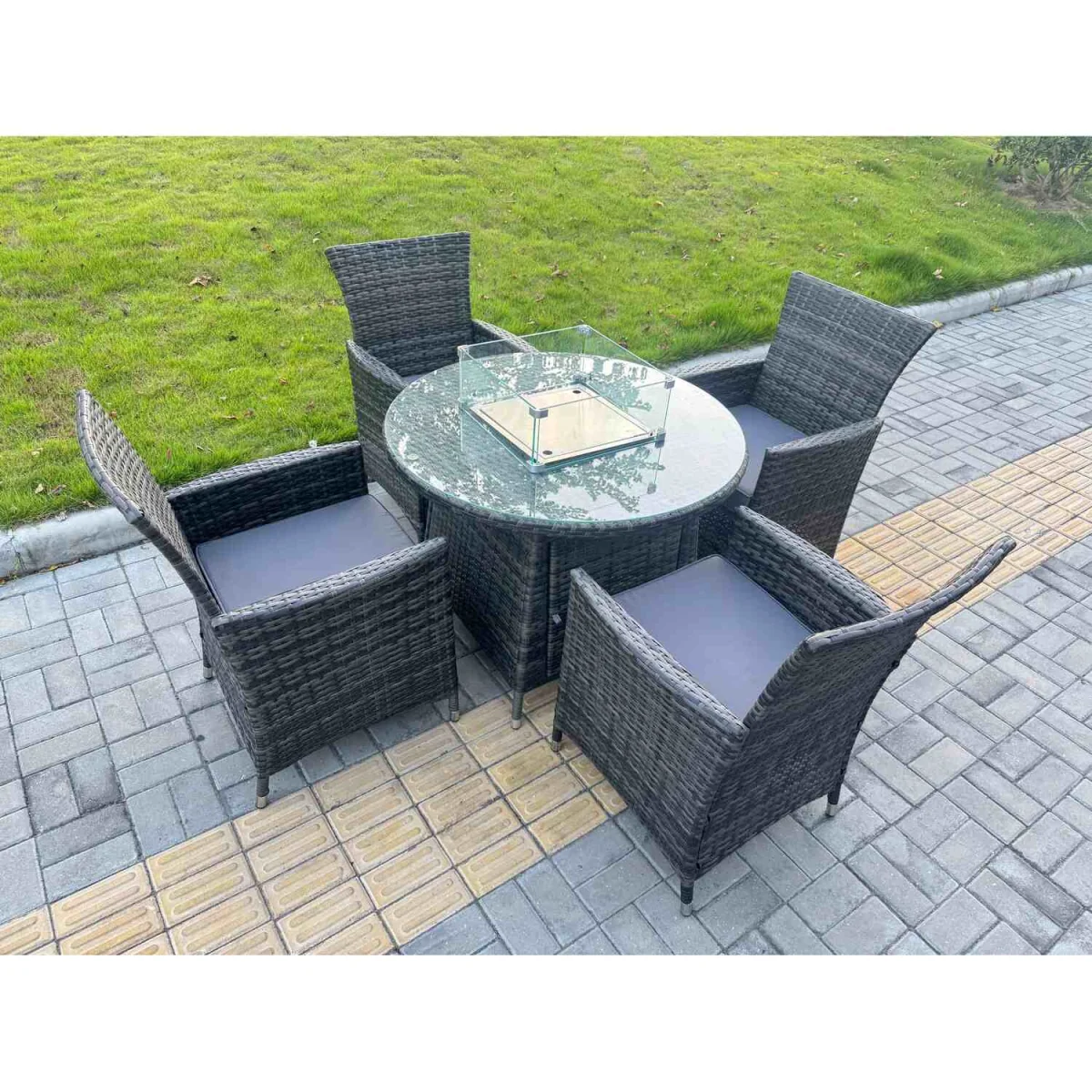 Fimous 5-Piece Dark Grey PE Rattan Garden Set with Round Gas Firepit Table and 4 Chairs - Dark Grey Mixed – image 2