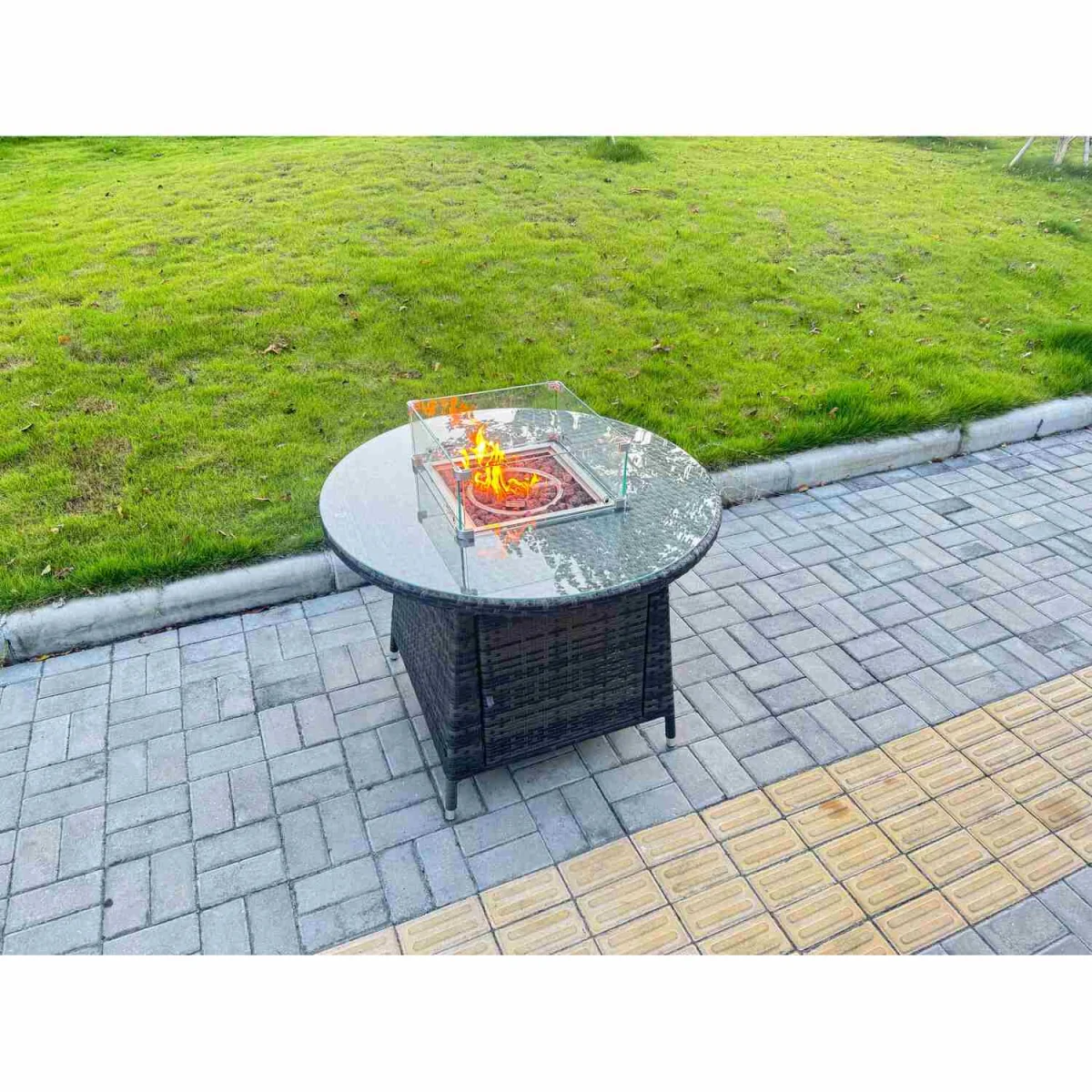 Fimous 5-Piece Dark Grey PE Rattan Garden Set with Round Gas Firepit Table and 4 Chairs - Dark Grey Mixed – image 3