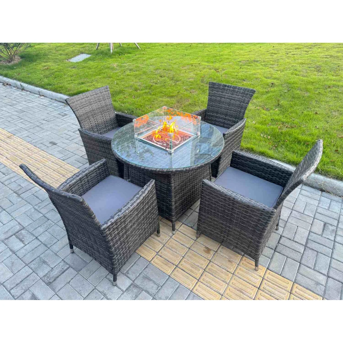 Fimous 5-Piece Dark Grey PE Rattan Garden Set with Round Gas Firepit Table and 4 Chairs - Dark Grey Mixed – image 1