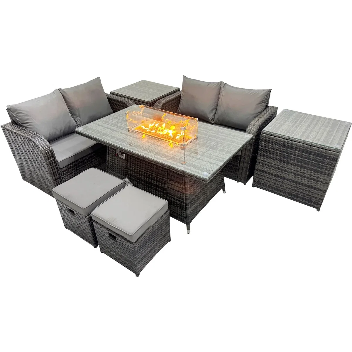 Fimous 6-seater Patio Gas Firepit Dining Set with 2 Side Tables and 2 Small Stools. - Dark Grey Mixed – image 3