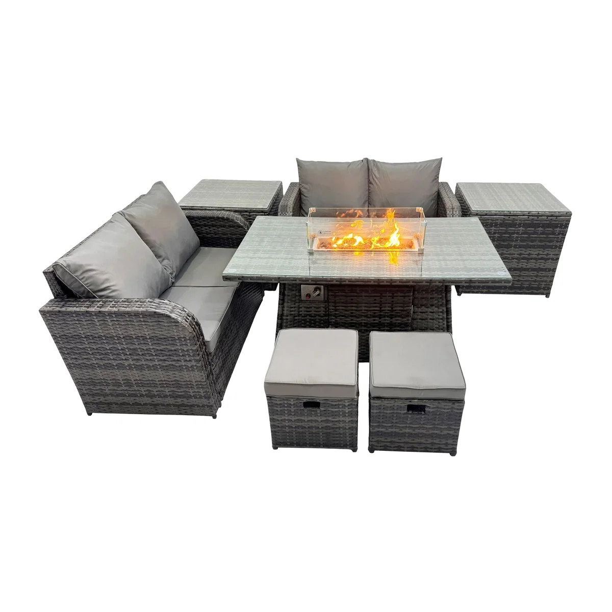 Fimous 6-seater Patio Gas Firepit Dining Set with 2 Side Tables and 2 Small Stools. - Dark Grey Mixed – image 1