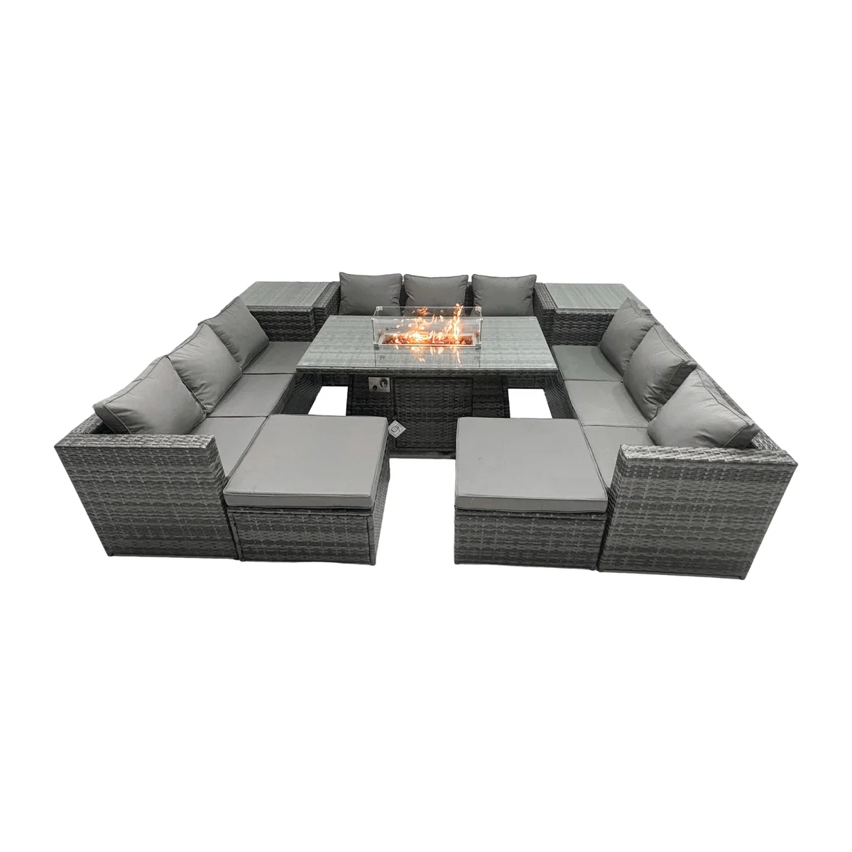 Fimous 11-Seater Rattan Firepit Dining Set with Glass Top Table, Dark Grey. - Dark grey mixed rattan with dark grey fabric – image 1