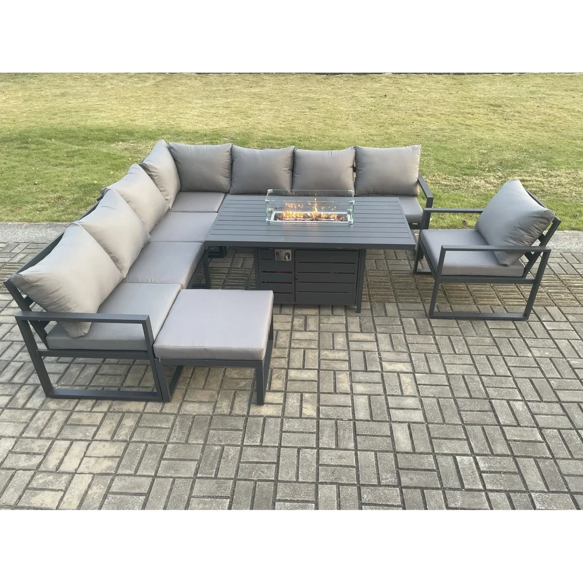 Fimous Aluminium 9 Seater Garden Furniture Set with Gas Fire Pit Dining Table Dark Grey - Dark Grey – image 2