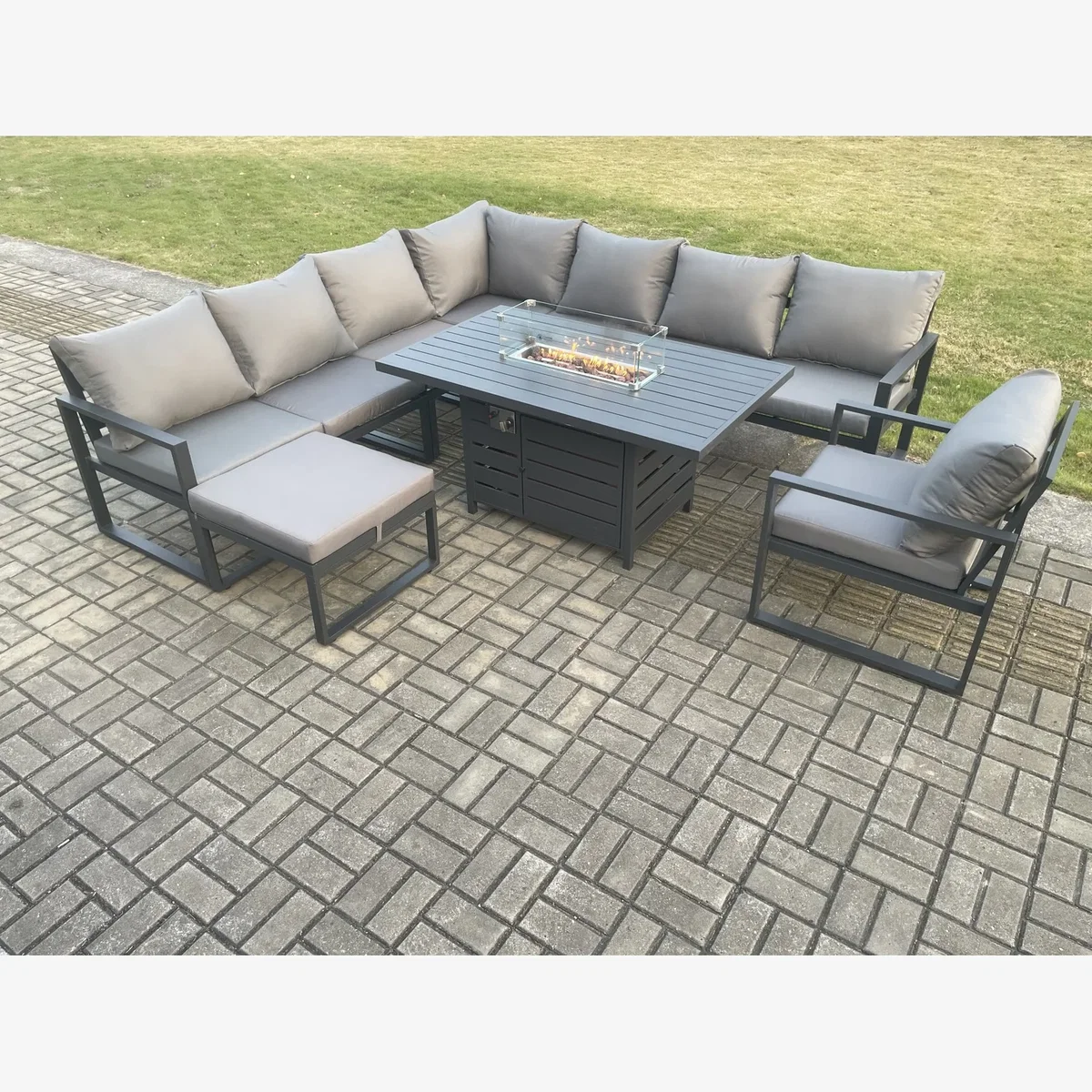 Fimous Aluminium 9 Seater Garden Furniture Set with Gas Fire Pit Dining Table Dark Grey - Dark Grey – image 1