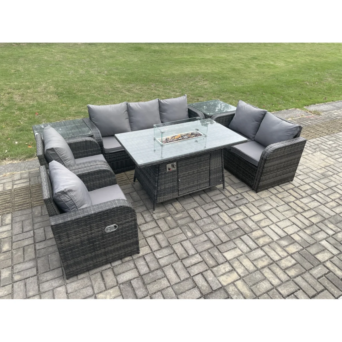 Fimous 7-Seater PE Wicker Outdoor Rattan Garden Set with Propane Gas Fire Pit Table & 2 Side Tables - Dark Grey – image 2