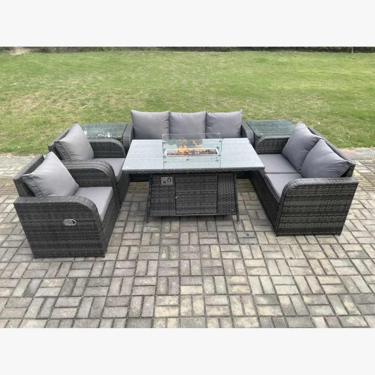 Fimous 7-Seater PE Wicker Outdoor Rattan Garden Set with Propane Gas Fire Pit Table & 2 Side Tables - Dark Grey – image 1