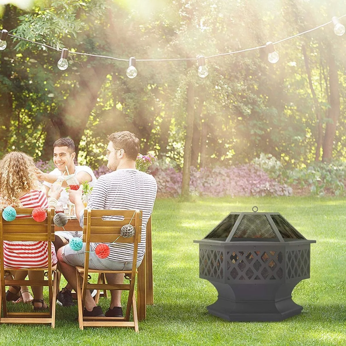 Large Hexagonal Fire Pit BBQ Brazier with Grill for BBQ - Bronze