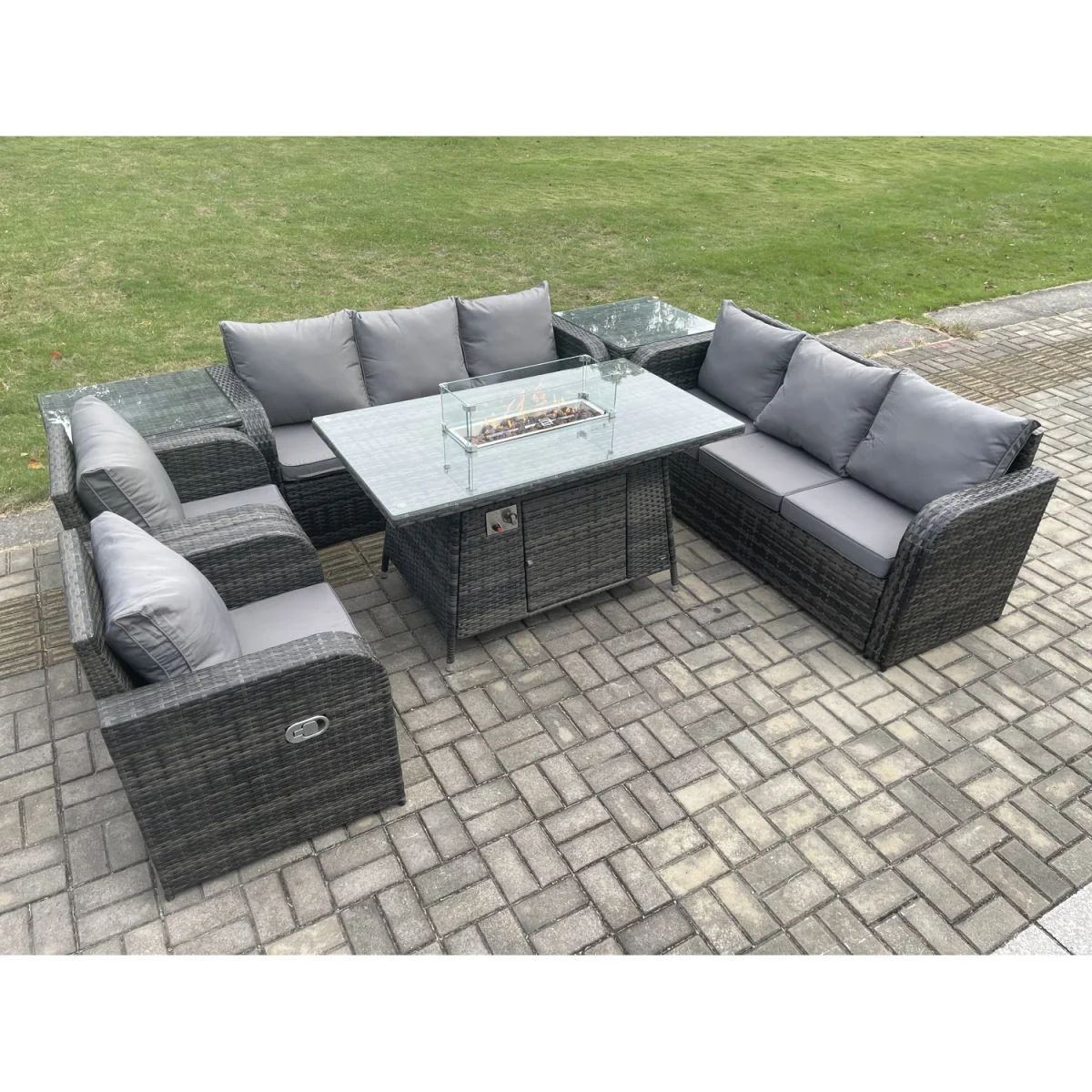 Fimous Patio Rattan 8-Seater Garden Furniture Set with Fire Pit Table and Reclining Chairs. - Dark Grey – image 2