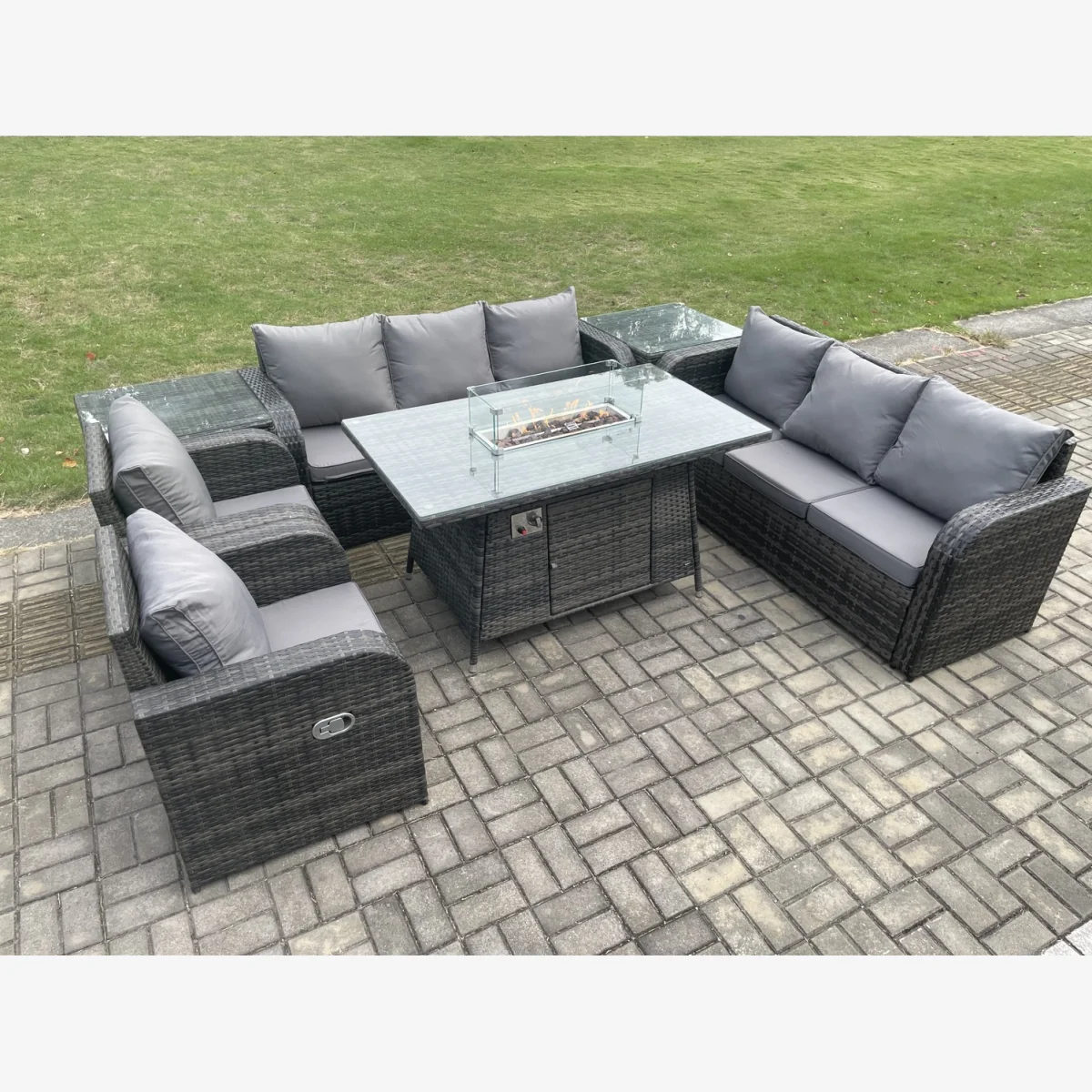 Fimous Patio Rattan 8-Seater Garden Furniture Set with Fire Pit Table and Reclining Chairs. - Dark Grey – image 1
