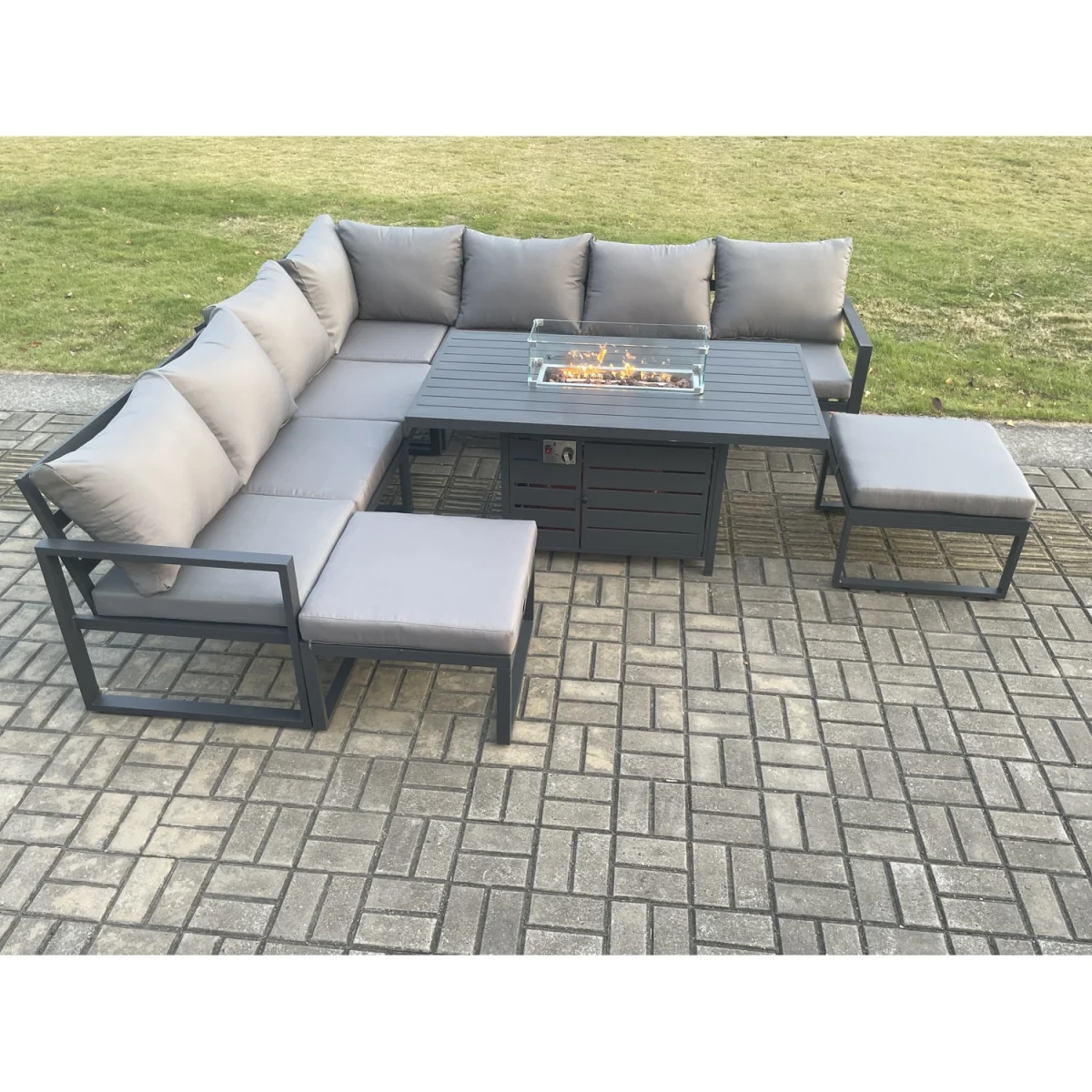 Fimous Aluminium 9-Seater Gas Fire Pit Dining Set Dark Grey - Dark Grey – image 2