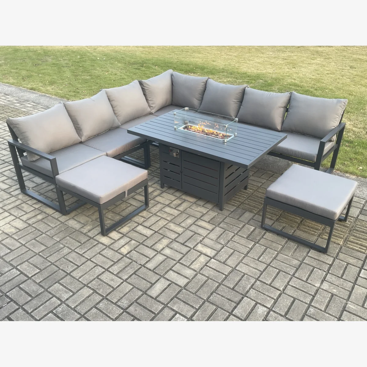 Fimous Aluminium 9-Seater Gas Fire Pit Dining Set Dark Grey - Dark Grey – image 1