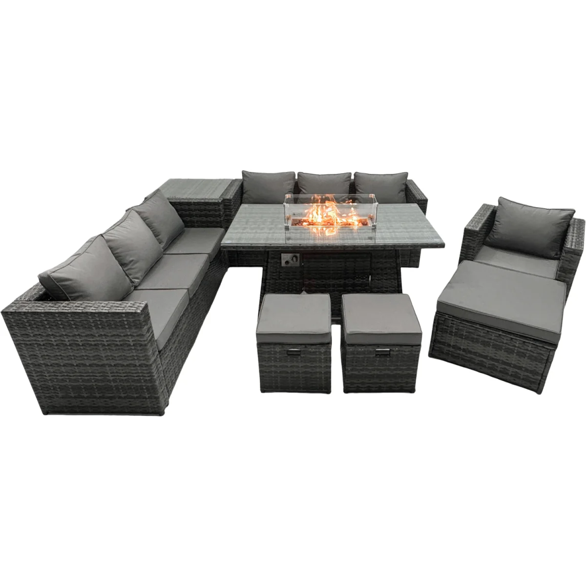Fimous Rattan Firepit Dining Set 10-Seater Lounge - Dark grey mixed rattan with dark grey fabric – image 3