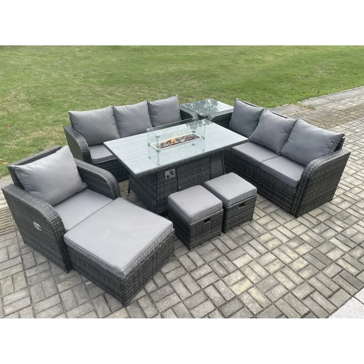 Fimous 10-Seater Wicker Rattan Garden Set with Gas Firepit Table. - Dark Grey – image 2
