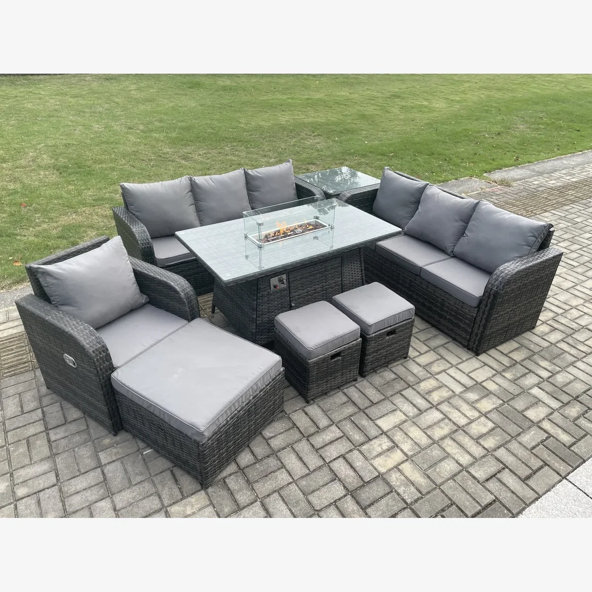 Fimous 10-Seater Wicker Rattan Garden Set with Gas Firepit Table. - Dark Grey – image 1