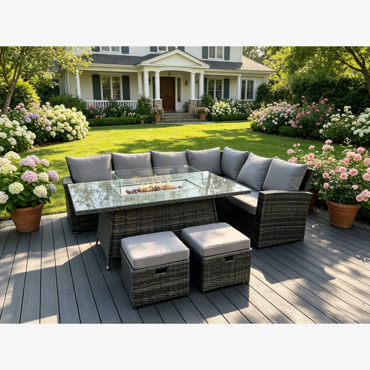 Rattan 8 Seat Gas Fire Pit Corner Dining Sets Stools - Dark Grey Mixed