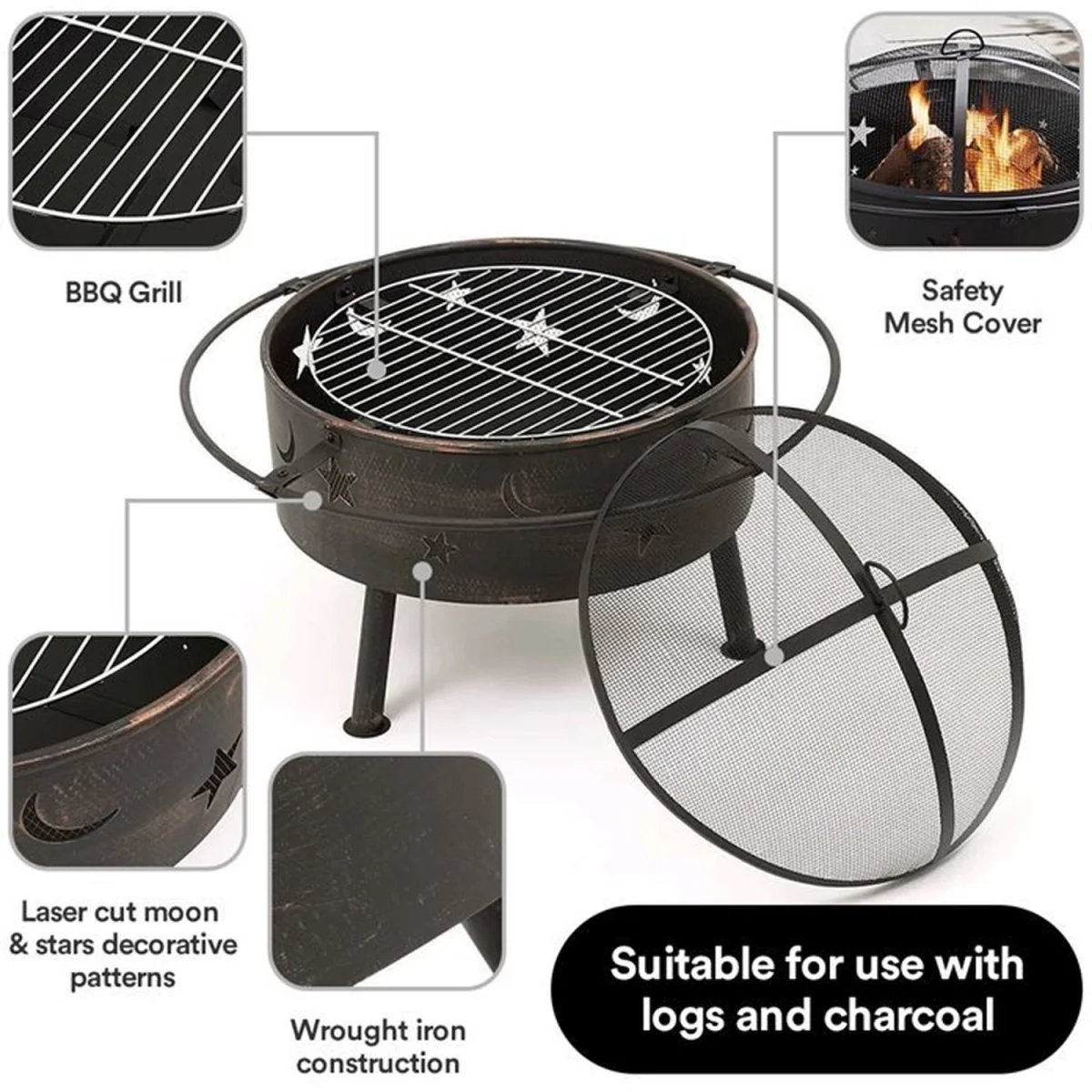 Astral 2-in-1 Fire Pit with BBQ with Spark Guard Poker - Black – image 3
