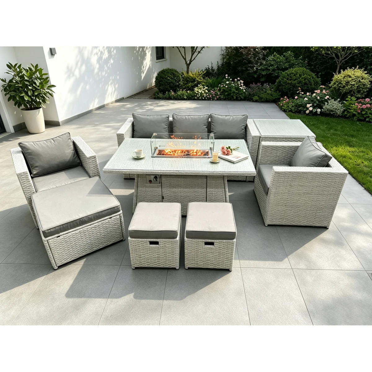 Rattan Garden Furniture Set Gas Fire Pit Table 2 Armchair Side Table 3 Footstool – image 2