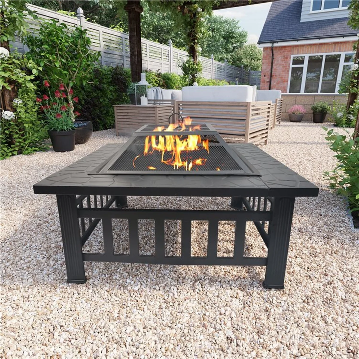 Phoenix 3 in 1 Square Metal Fire Pit, BBQ Grill and Ice Pit - Black