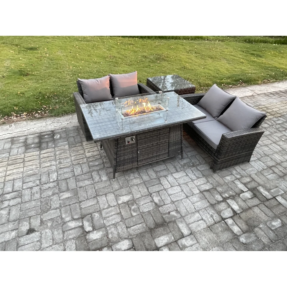 Fimous 4-Piece PE Rattan Outdoor Patio Firepit Dining Set, Dark Grey Mixed. - Dark grey mixed rattan with dark grey fabric – image 3