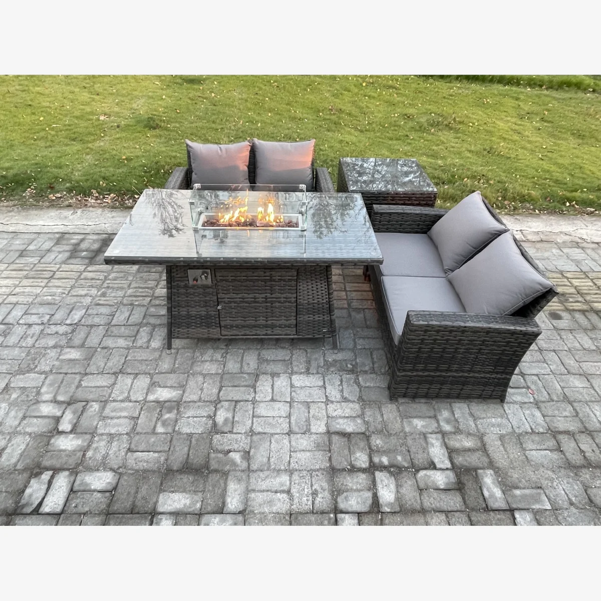 Fimous 4-Piece PE Rattan Outdoor Patio Firepit Dining Set, Dark Grey Mixed. - Dark grey mixed rattan with dark grey fabric – image 1