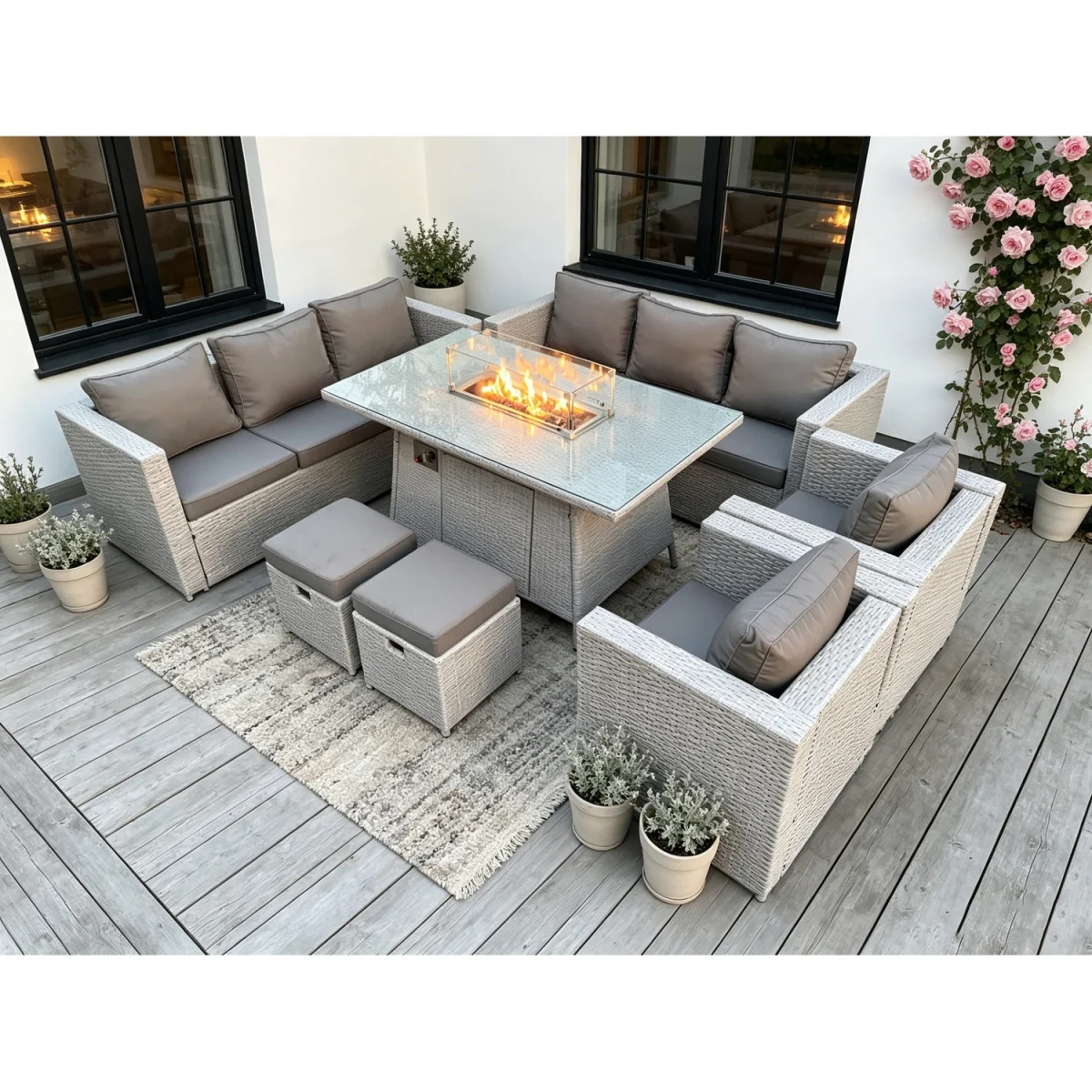 Rattan Fire Pit Dining Set Garden Furniture Set Chairs Stools - Light Grey Mixed – image 2