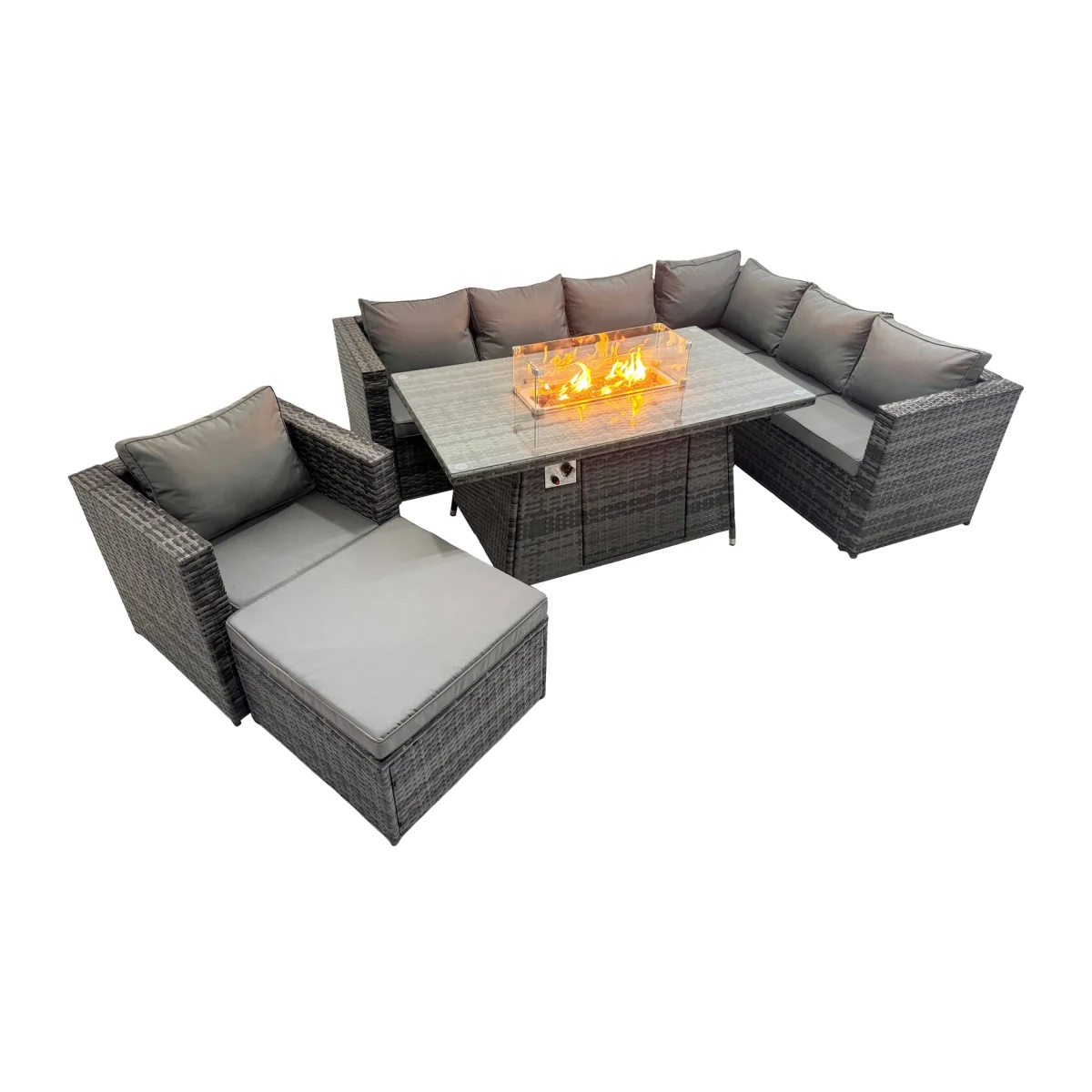 Fimous 8-Seater Garden Rattan Furniture Set with Gas Firepit Table and Big Footstool, Dark Grey. - Dark Grey – image 1