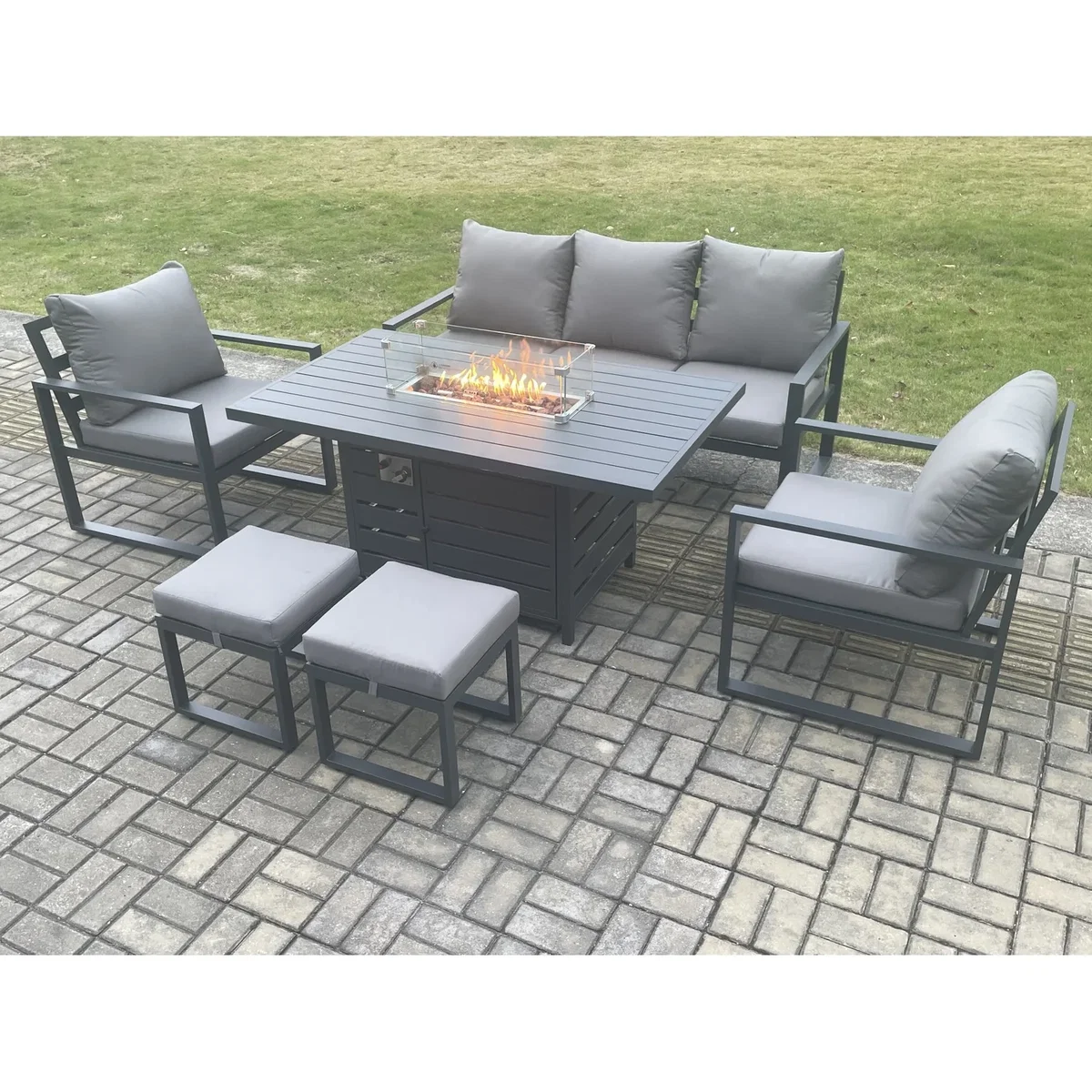 Fimous Aluminium 7-Seater Outdoor Garden Furniture Set with Gas Fire Pit Dining Table, Dark Grey. - Dark Grey – image 5