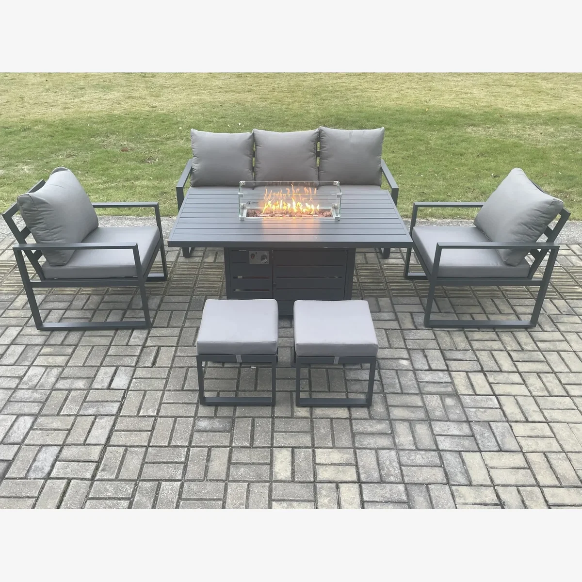 Fimous Aluminium 7-Seater Outdoor Garden Furniture Set with Gas Fire Pit Dining Table, Dark Grey. - Dark Grey – image 1